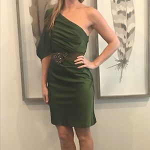 BCBG Green Satin One- Shoulder Dress